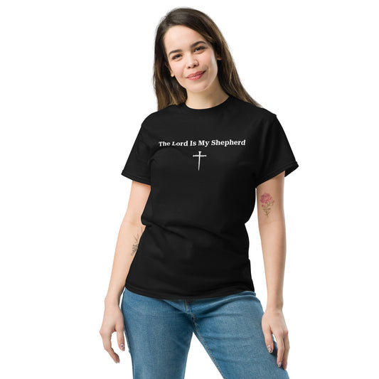 Psalm 23 Christian t-shirt front with The Lord Is My Shepherd text and cross on black by Love1614