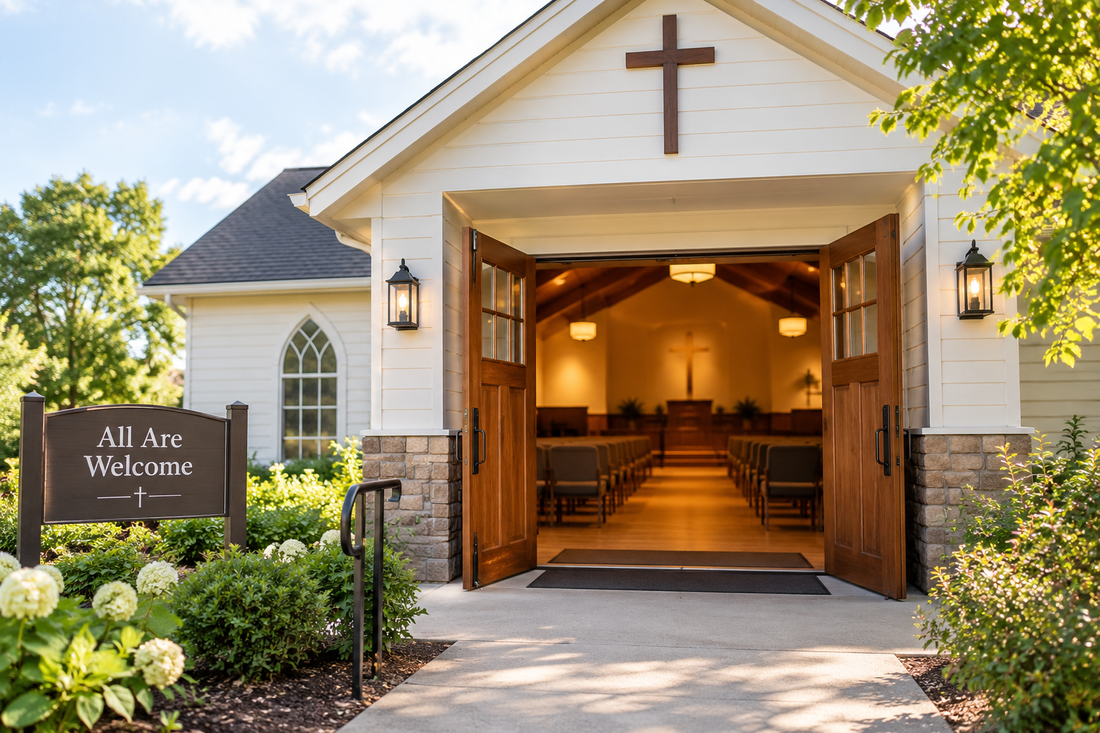 Welcoming church exterior with open doors and warm light spilling out in a daytime setting