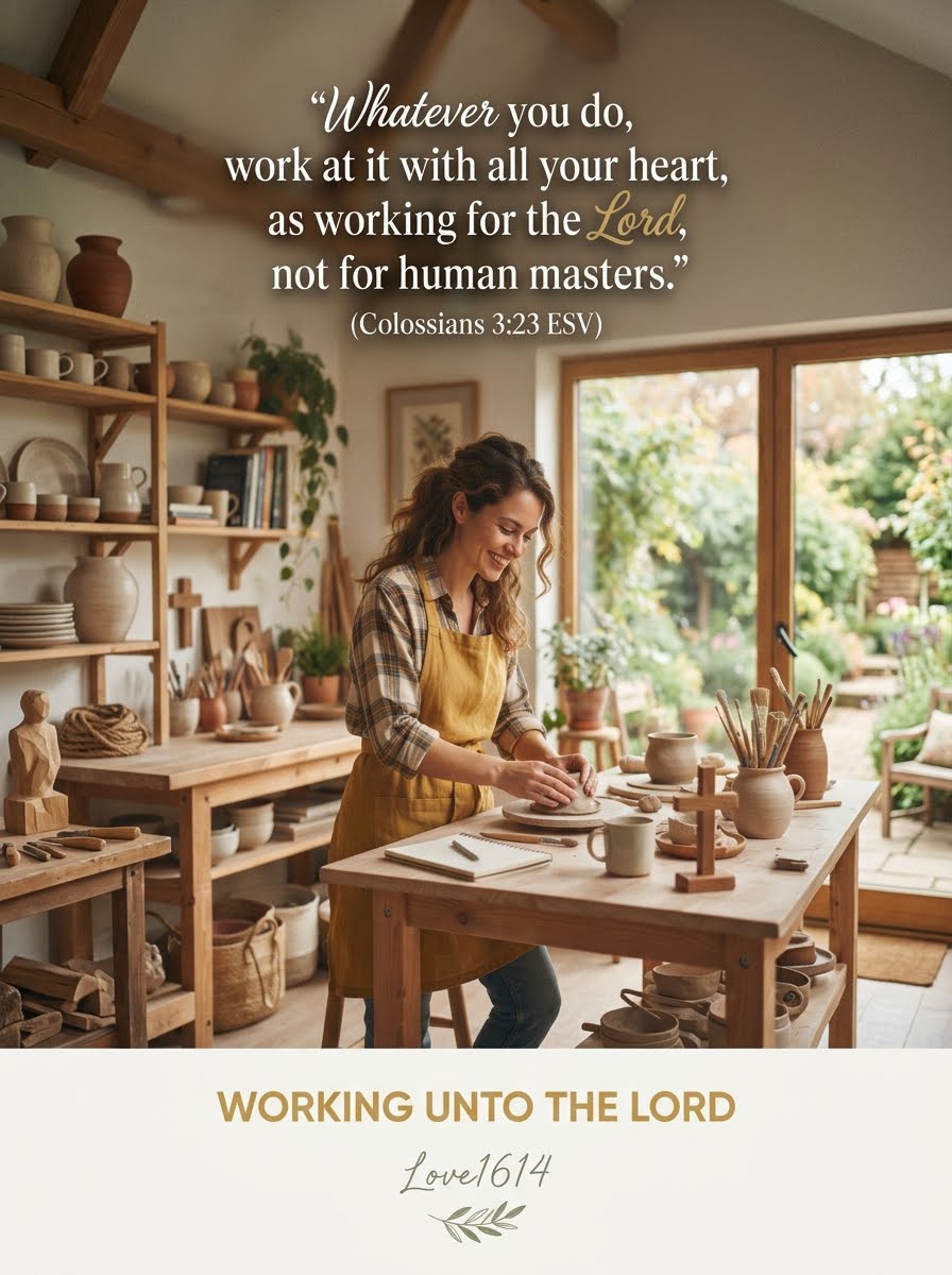 for a blog.Christian devotional graphic about Colossians 3:23 and working for the Lord, Love1614