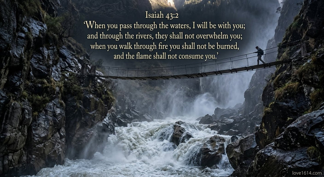 A turbulent river rushing through a deep canyon with a narrow footbridge crossing above and mist rising