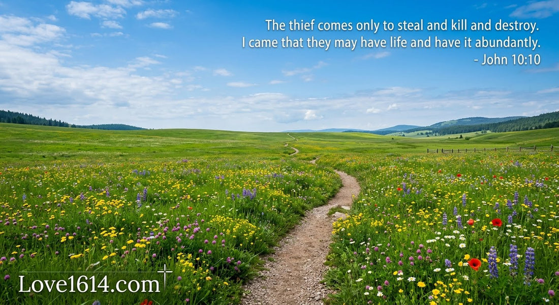 A wide-open green meadow under a vast blue sky with wildflowers and a single winding path leading toward the horizon