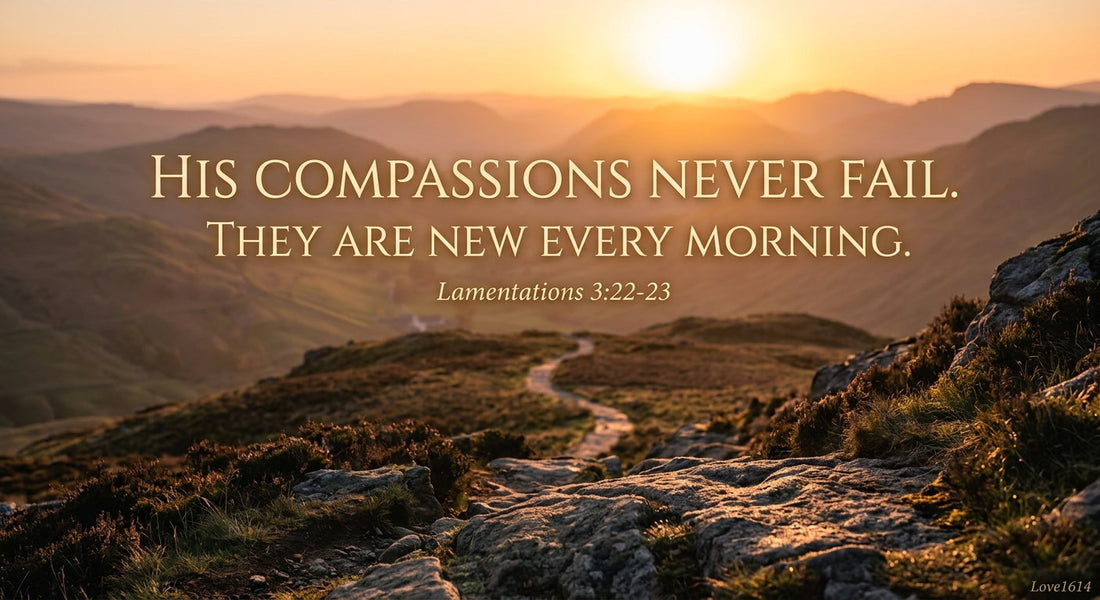 Christian devotional graphic about Lamentations 3:22-23 and new mercies every morning, Love1614