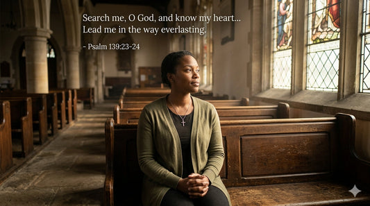 Woman sitting alone in a church pew with hands folded in quiet reflection, stained glass windows glowing with natural light, with Psalm 139:23-24 text overlay