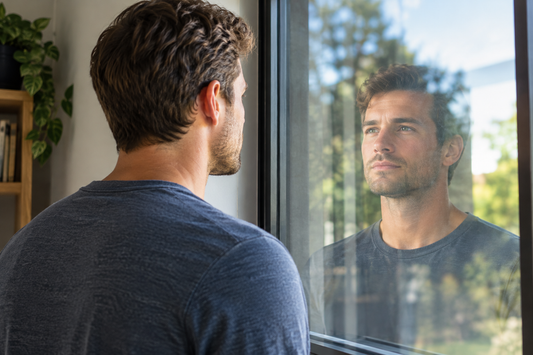 Person standing in quiet reflection looking at their own reflection in a window with natural light