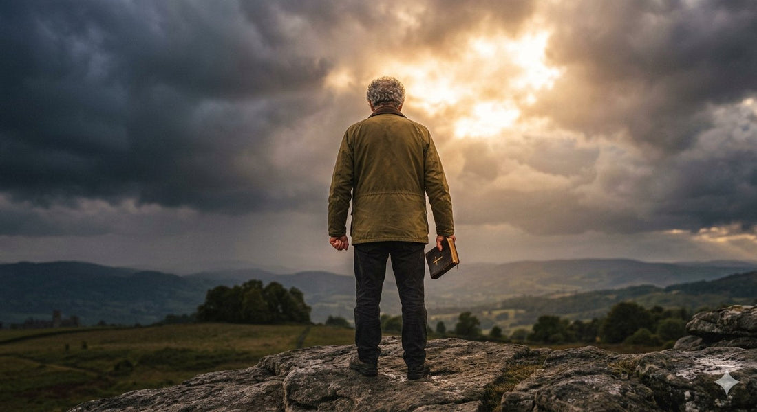 A person standing alone outdoors with a stormy sky breaking into warm light, symbolizing the honest struggle with anger