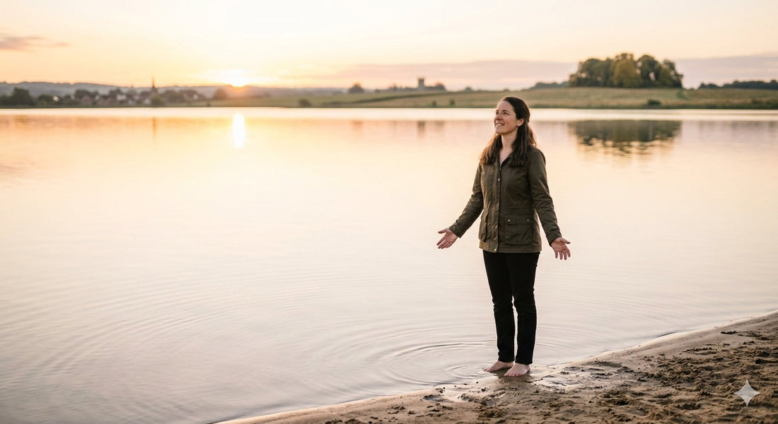 A person standing at the edge of calm water at dawn with arms slightly open, symbolizing releasing anxiety to God