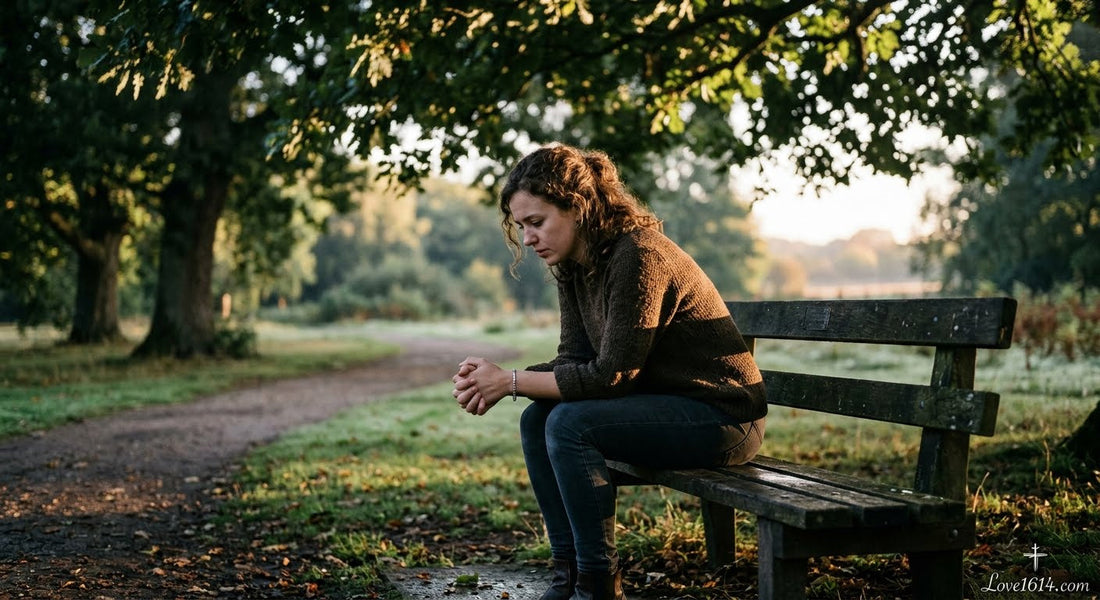 A person sitting on a bench in a quiet park at dawn leaning forward with hands clasped and dappled light through trees