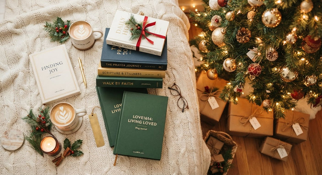 Flat lay of Christian gifts for men including a journal, Scripture mug, faith-based t-shirt, and Bible on a dark wood surface