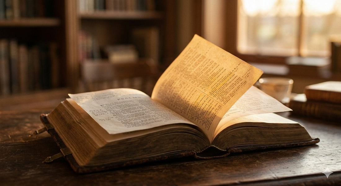 Warm golden light on an open Bible with gently turned pages
