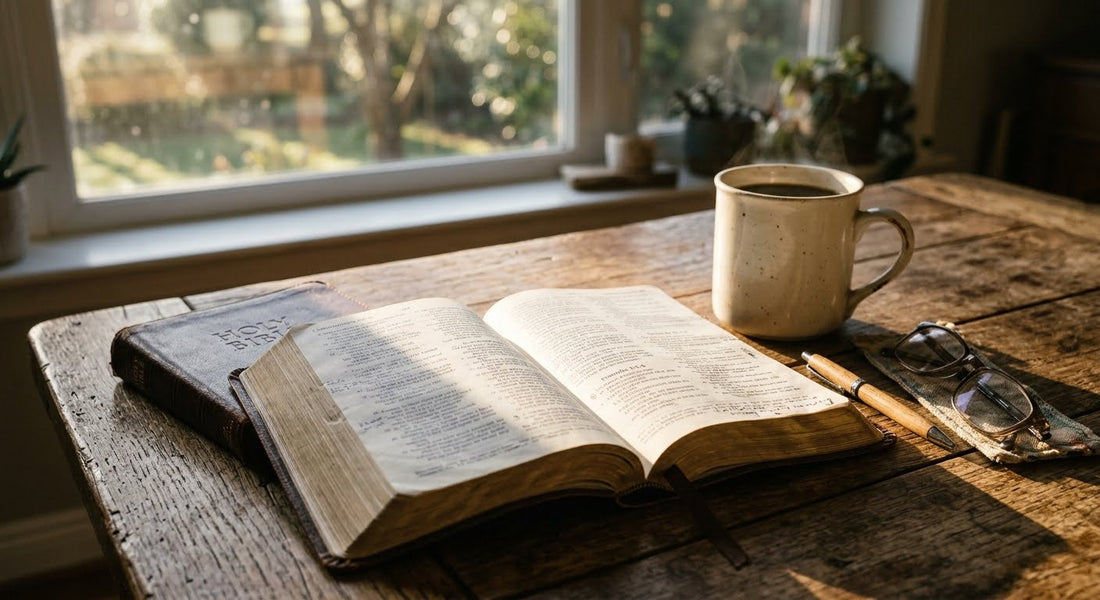 An open Bible on a rustic wooden table next to a cup of coffee with morning light streaming across the page