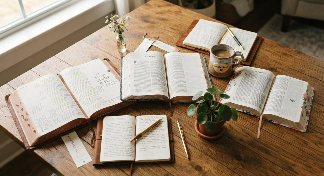 Several Bibles of different sizes and covers arranged on a wooden table with warm natural lighting