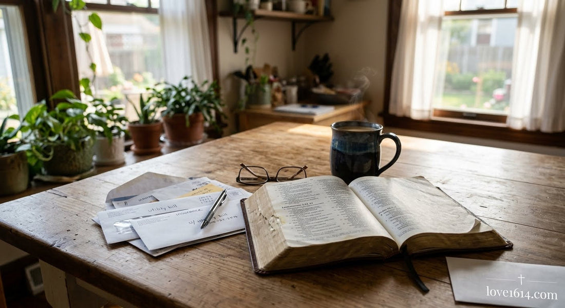A kitchen table with bills, a coffee mug, and an open Bible with morning light coming through the window
