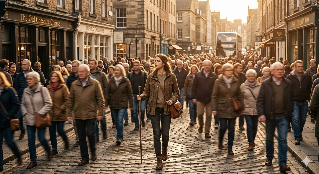A person walking confidently against the flow of a crowd, symbolizing nonconformity and renewed thinking