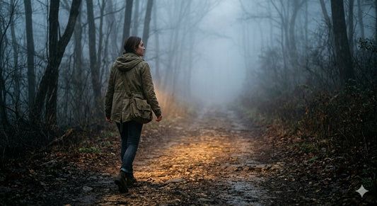 A person walking forward on a dimly lit path with warm light ahead, symbolizing faith as substance and forward motion