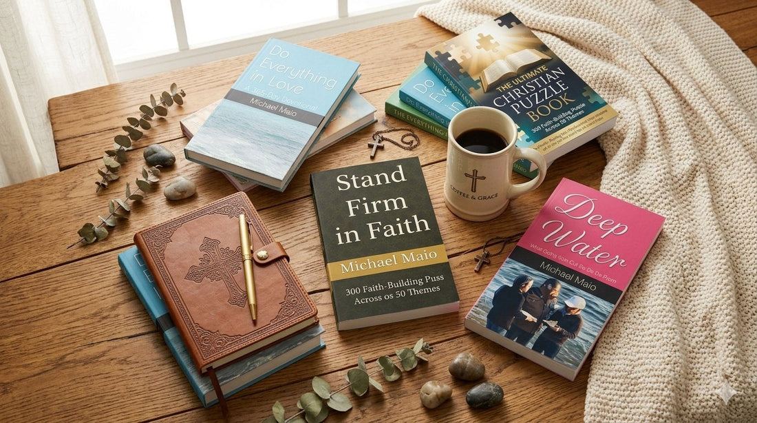 A warm flat lay of Christian books and journals on a wooden surface in natural light