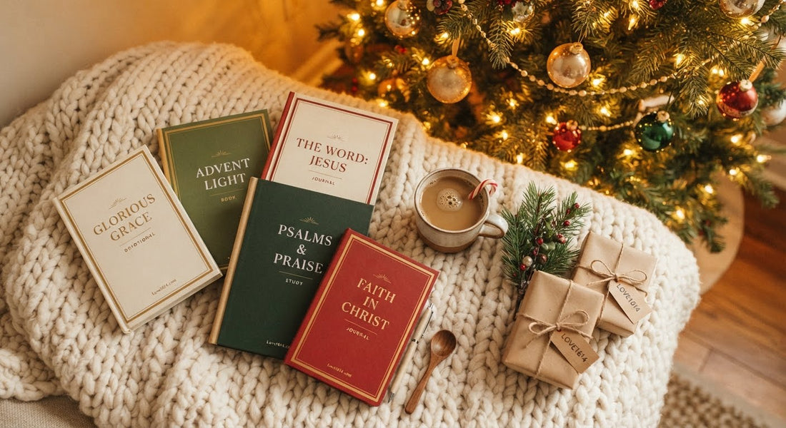 Christian books, devotionals, and journals arranged on a cream blanket beside a Christmas tree with coffee, pine sprigs, and wrapped gifts in warm golden light