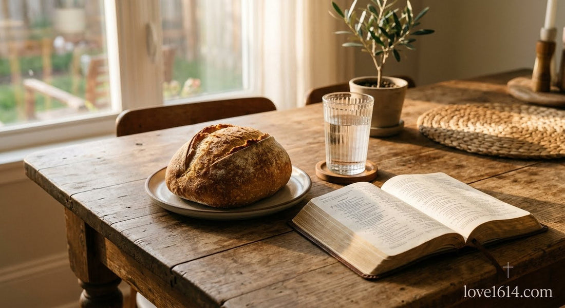 A simple wooden table with a loaf of bread, a glass of water, and an open Bible in warm afternoon light