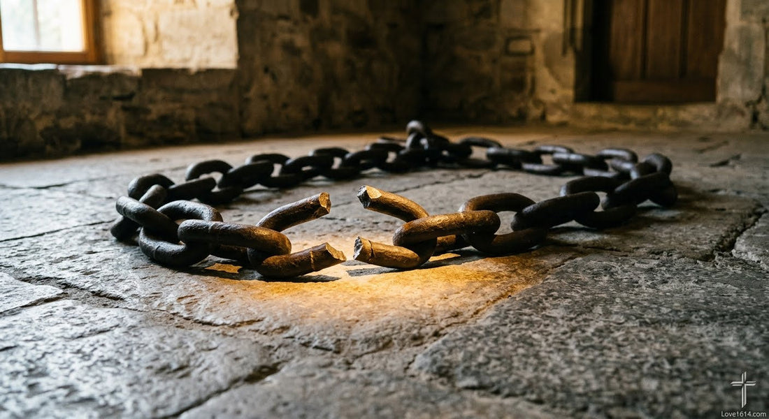 A heavy iron chain with one link broken open lying on a stone floor with warm light hitting the broken link