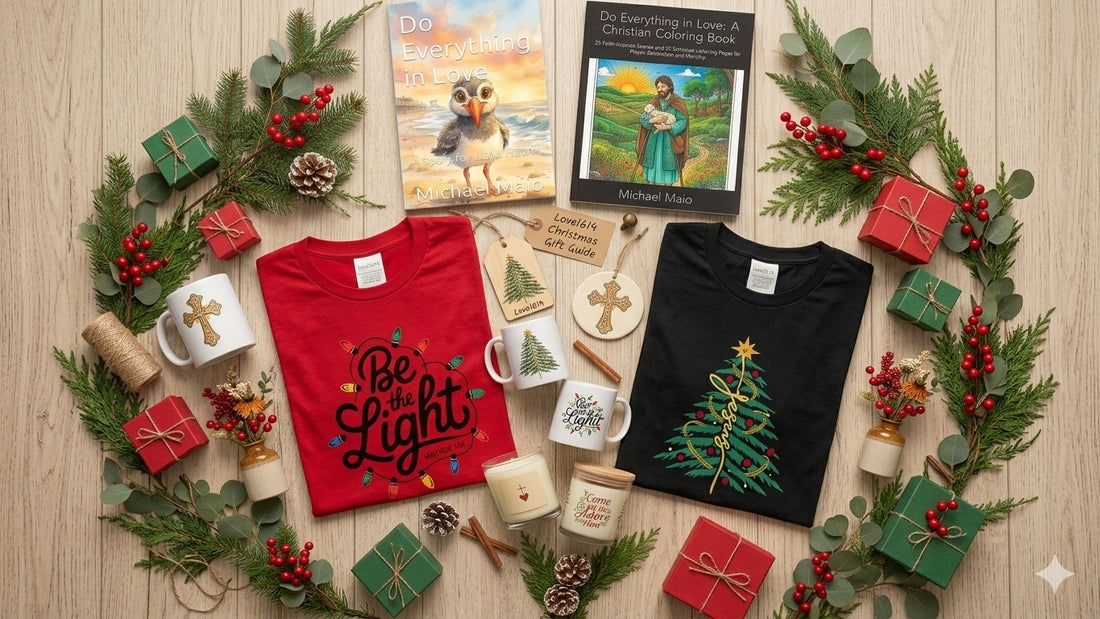 Love1614 Christian Christmas gifts flatlay stockings ornaments mugs candles tees and books