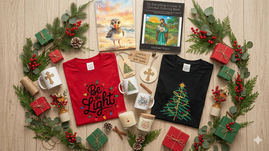 Love1614 Christian Christmas gifts flatlay stockings ornaments mugs candles tees and books