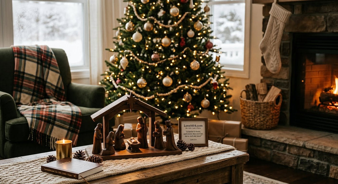 Cozy Christmas living room with a simple nativity set in the foreground and a softly lit tree in the background