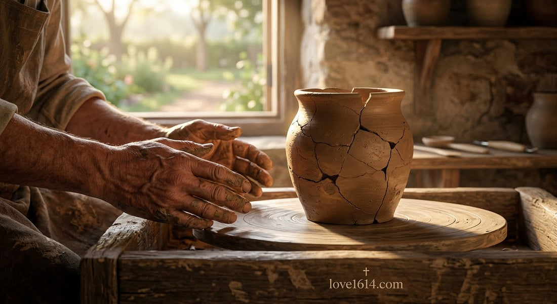 A cracked clay pot on a potter's wheel with morning light hitting it and the potter's hands nearby