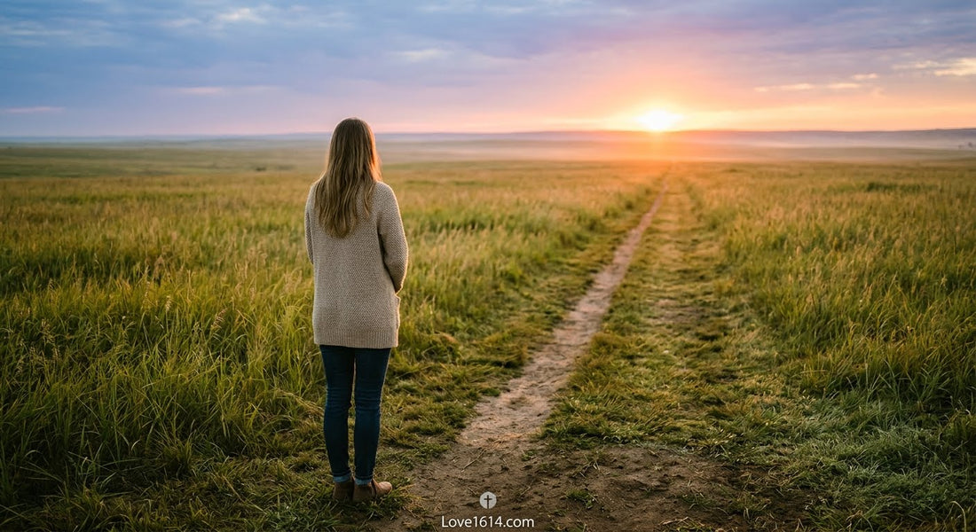 A person standing at the edge of a wide-open field at sunrise looking toward the horizon with one clear path ahead