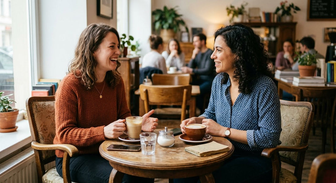 Two people having a warm conversation over coffee at a small cafe table with natural light
