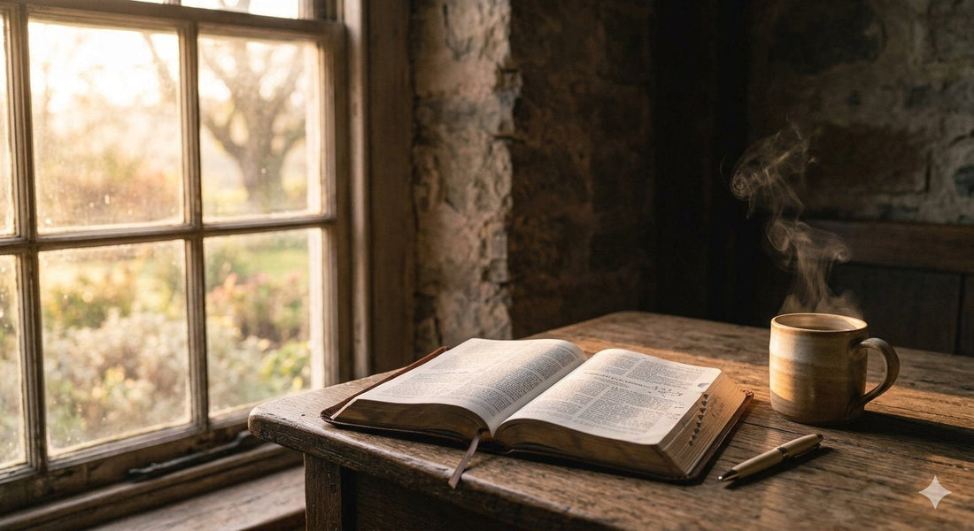 An early morning scene with a Bible and coffee in warm natural window light, symbolizing a daily quiet time with God