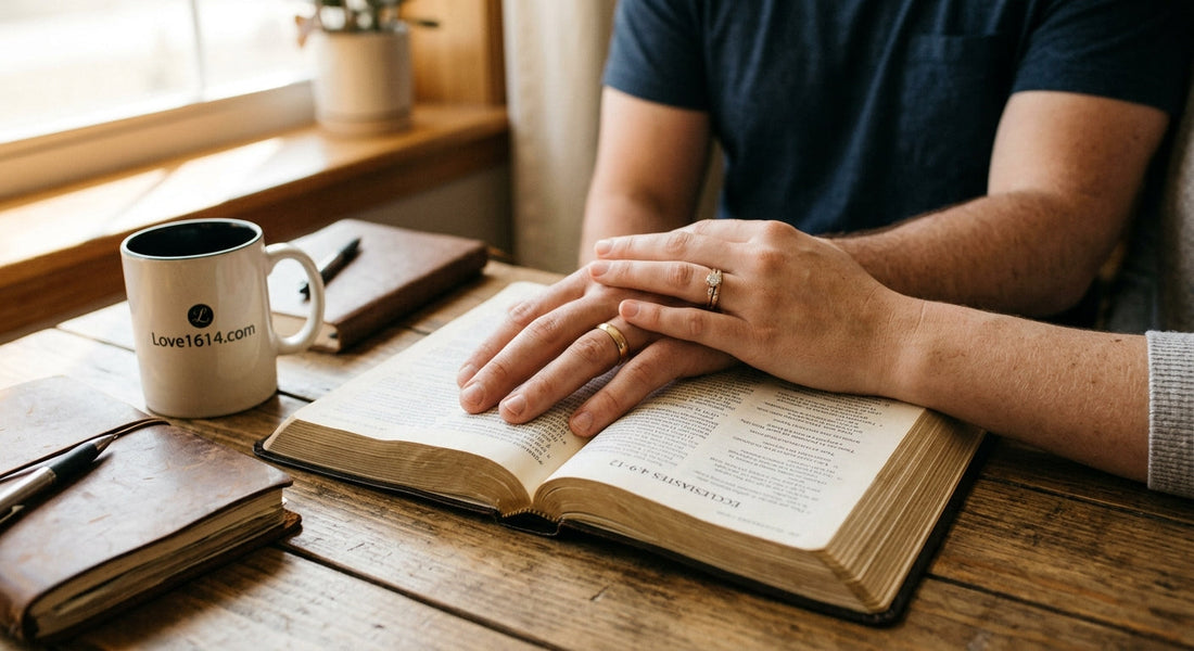 Couple's hands resting together on an open Bible with wedding rings visible in warm natural light