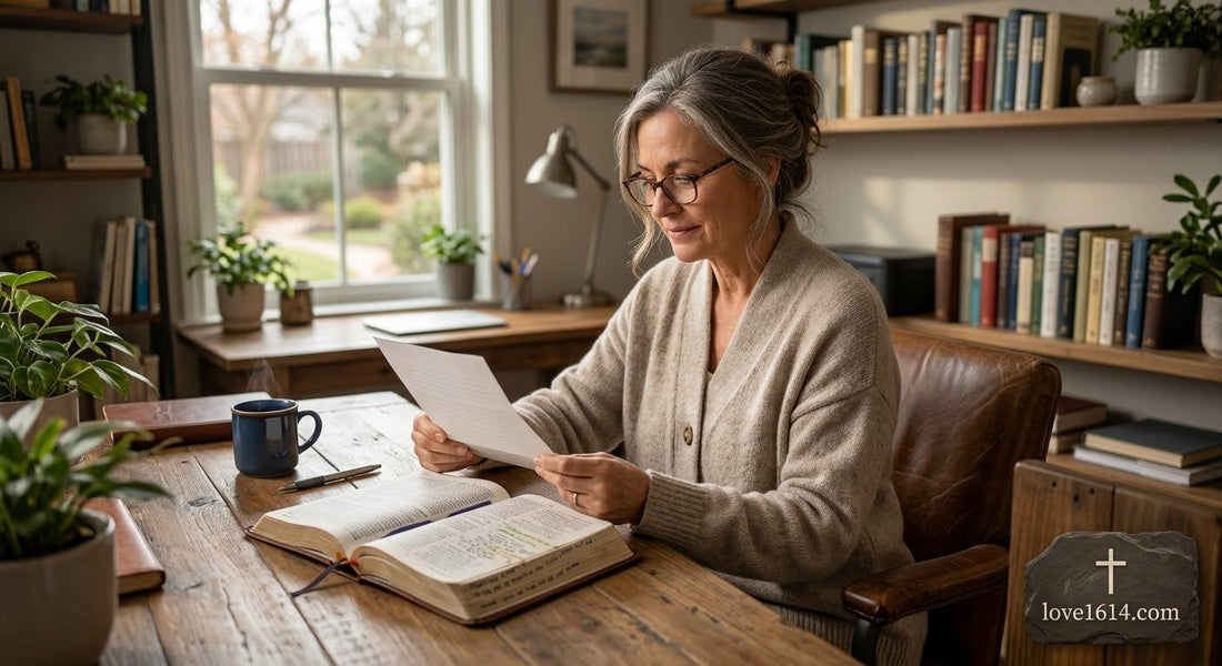 A person sitting calmly in a quiet workspace reading a letter with a thoughtful expression