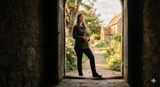 A person standing at the edge of a dark threshold with warm light behind them, symbolizing courage over fear