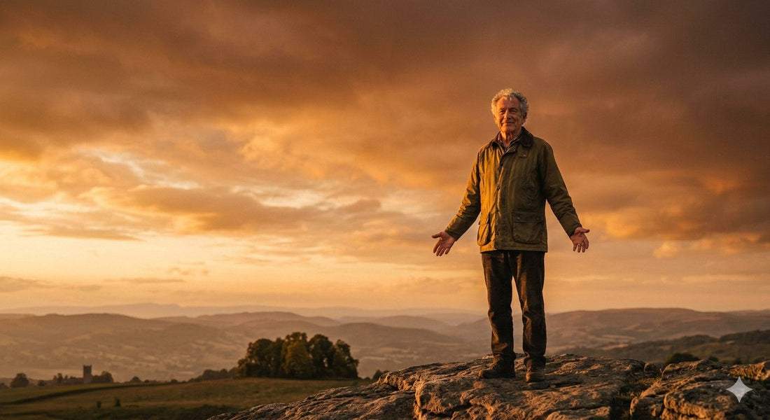 A figure standing firm on a ridge with a wide sky and bold warm light, symbolizing unshakable confidence in God