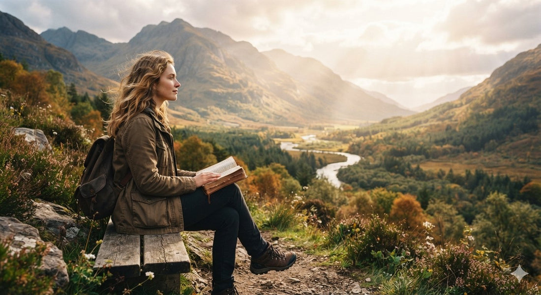 Woman walking a mountain path trusting God Romans 8:28 all things work together for good