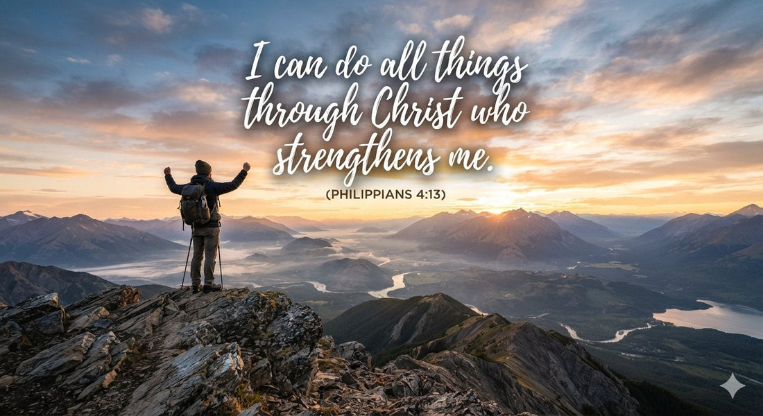 hiker with arms raised on mountain summit at sunset Philippians 4 13 I can do all things through Christ who strengthens me
