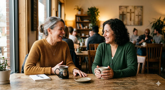 Two people in natural, genuine conversation over coffee, feeling of warmth and connection