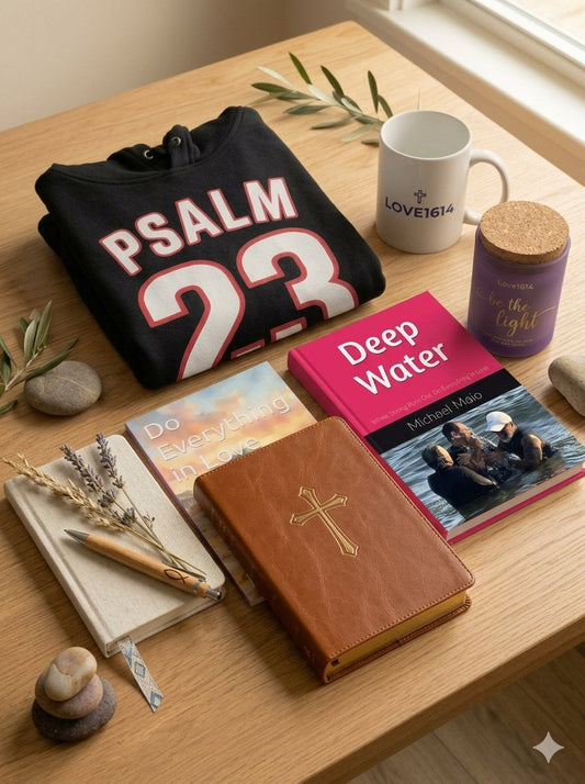 A flat lay of Christian gift items including journals, a mug, a candle, and folded apparel in warm natural light