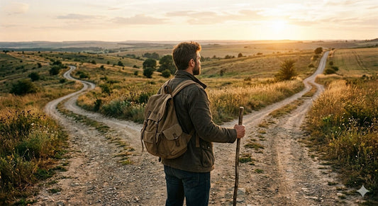 A person standing thoughtfully at a fork in a sunlit path, symbolizing discernment and trusting God's direction