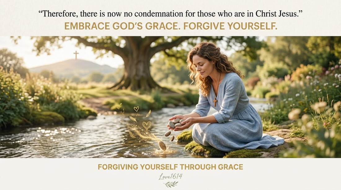 Christian encouragement graphic about forgiving yourself and God's grace, Love1614