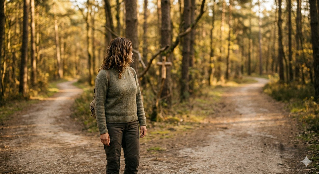 A person standing at a fork in a sunlit trail, looking ahead thoughtfully