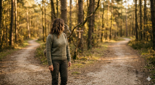 A person standing at a fork in a sunlit trail, looking ahead thoughtfully