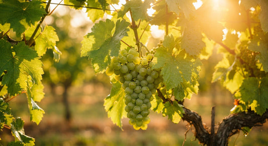 Warm sunlight through green leaves on a vine, symbolizing spiritual growth and the fruit of the Spirit