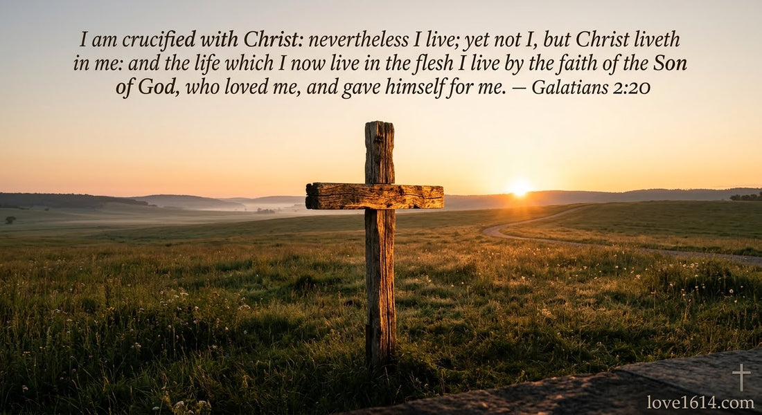 A weathered wooden cross standing alone in an open field at dawn with golden light hitting its surface