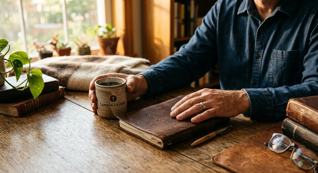 Father's hands holding a leather-bound journal and coffee mug on a wooden desk in warm morning light