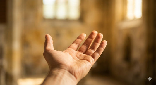 An open hand reaching upward with warm golden light falling into it