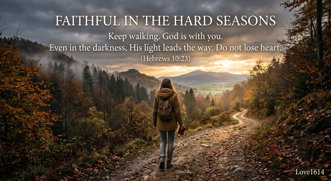 Christian encouragement graphic about staying faithful during hard seasons, Love1614