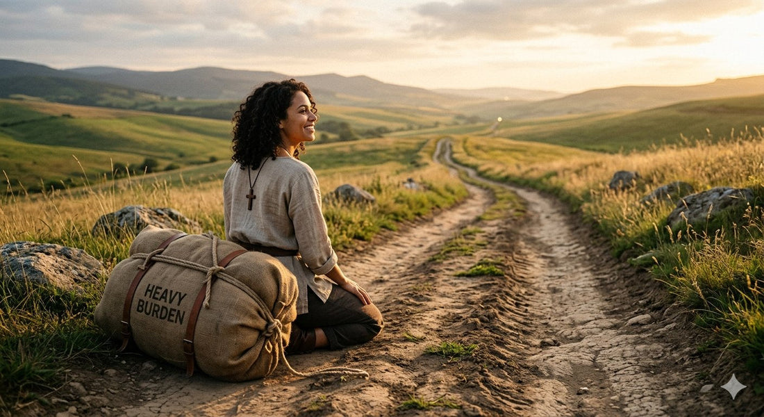 A person setting down a heavy burden on a worn road, feeling of release and quiet invitation