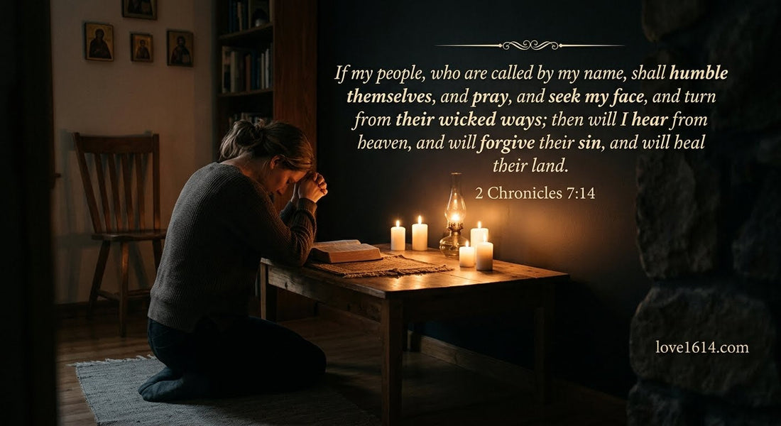 A person kneeling in prayer in a quiet candlelit room with head bowed and hands clasped