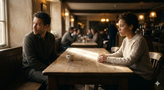 Two people sitting together with visible emotional distance, warm muted tones conveying real tension without hostility