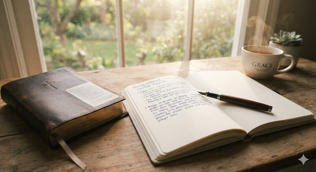 open prayer journal with pen and Bible on table morning light